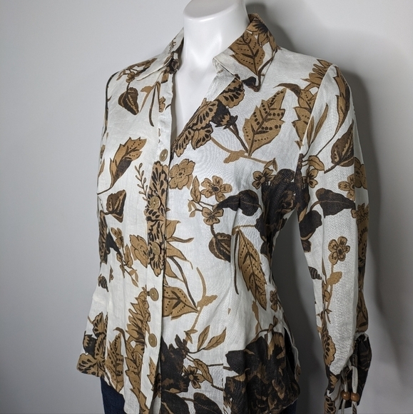 David Brooks white tan floral & foliage linen 3/4 sleeve button up M - Picture 2 of 7